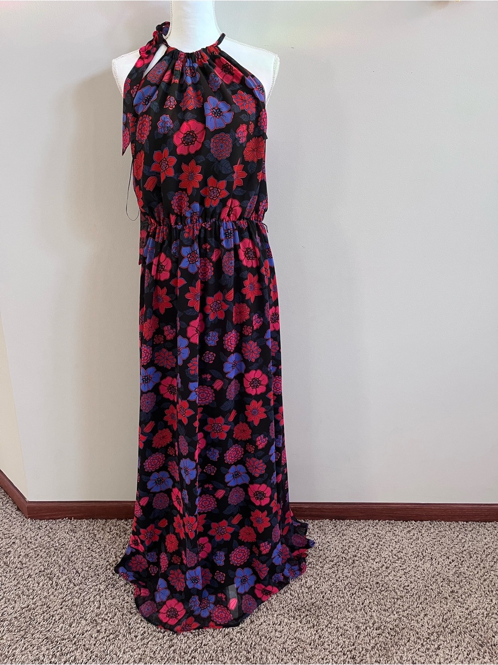 ModCloth XL Floral Halter Maxi Dress Red Purple Black Sleeveless Tie Neck NWT